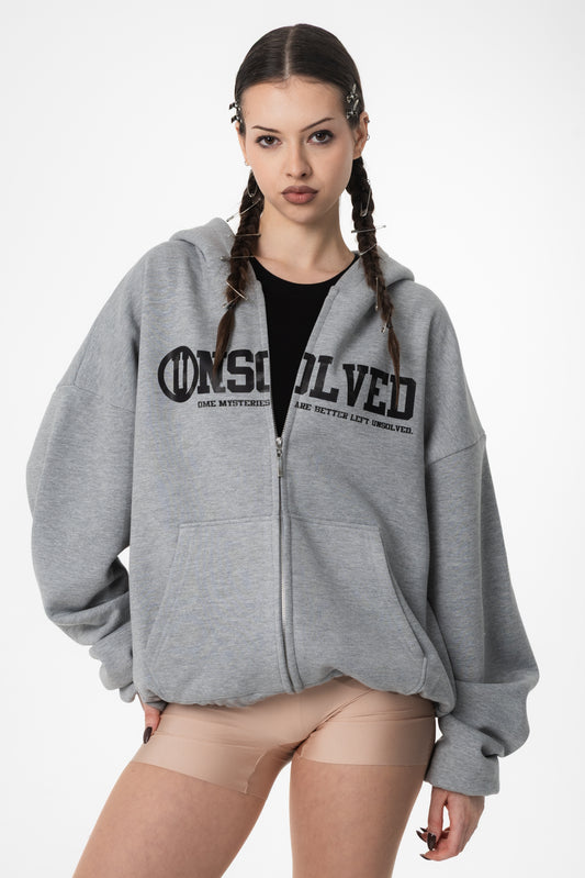 UNSOLVED SIGNATURE LOGO GREY ZIP HOODIE