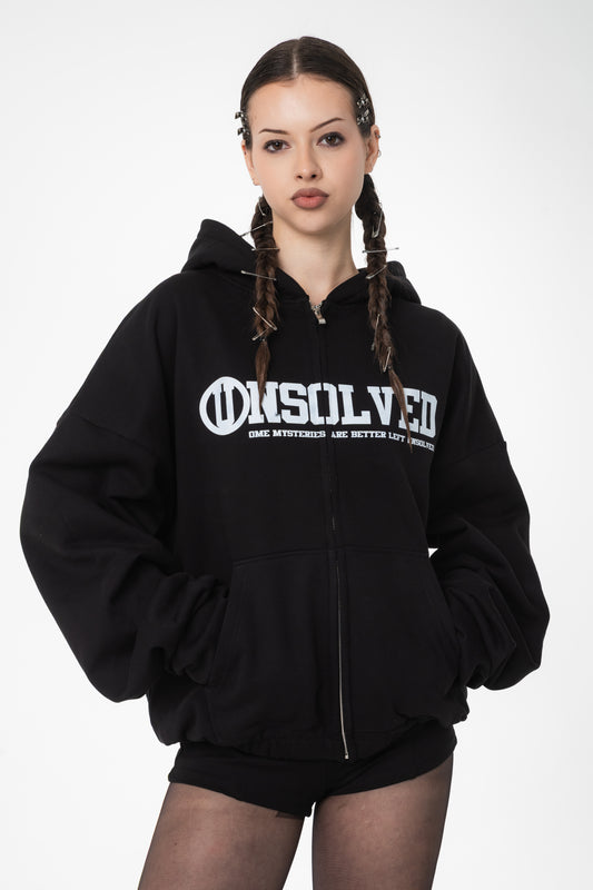 UNSOLVED SIGNATURE LOGO BLACK ZIP HOODIE
