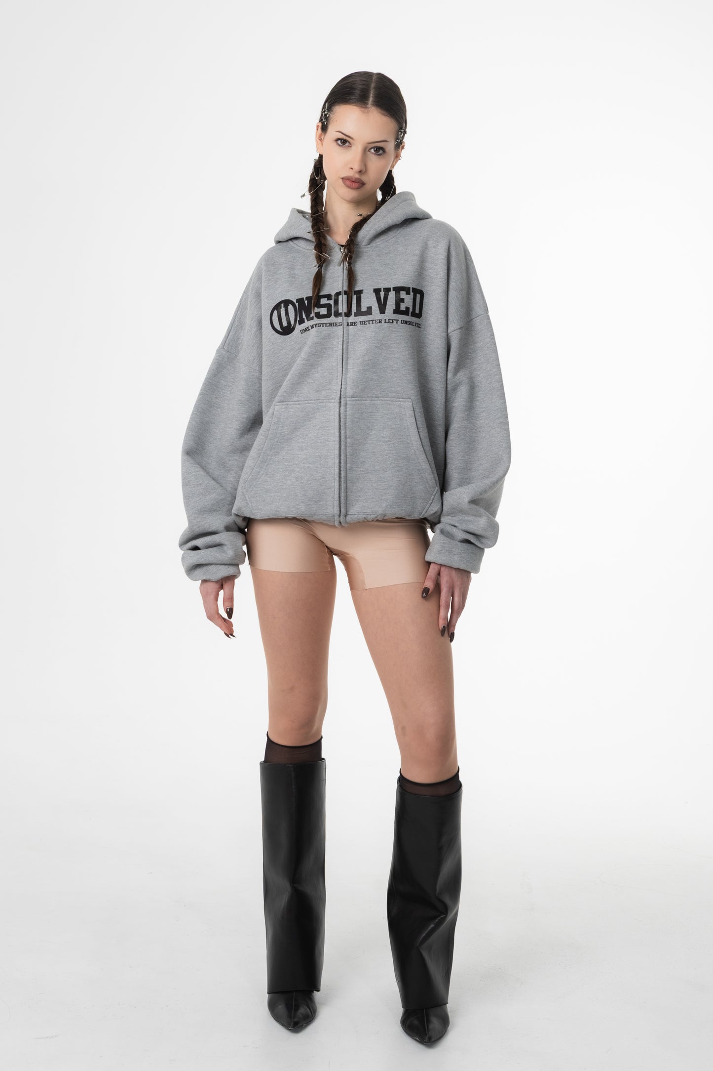 UNSOLVED SIGNATURE LOGO GREY ZIP HOODIE