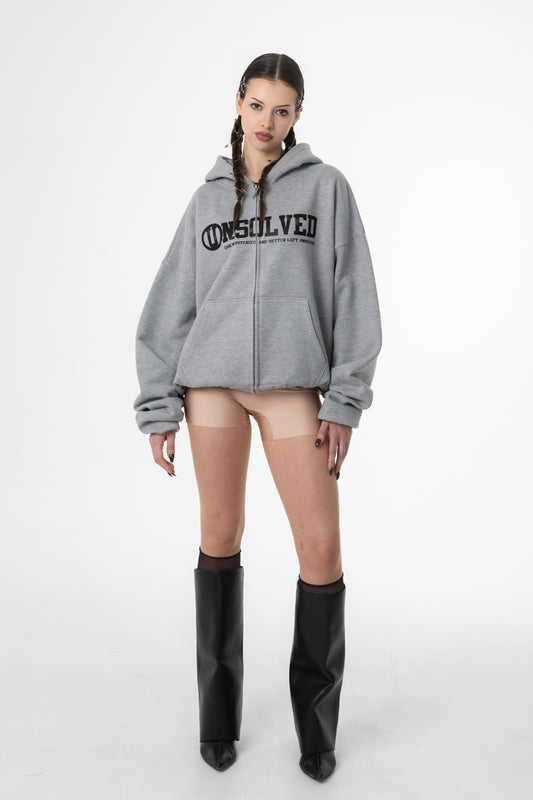 UNSOLVED SIGNATURE LOGO GREY ZIP HOODIE